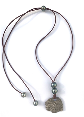 Fine Pearls and Leather Jewelry by Designer Wendy Mignot Concepcion Silver Shipwreck Coin, Tahitian Pearl Necklace