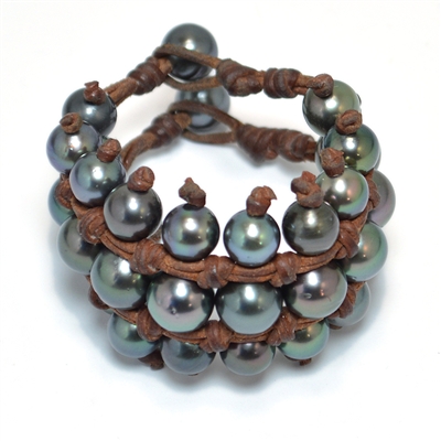 Fine Pearls and Leather Jewelry by Designer Wendy Mignot Midnight Three Level Tahitian Bracelet