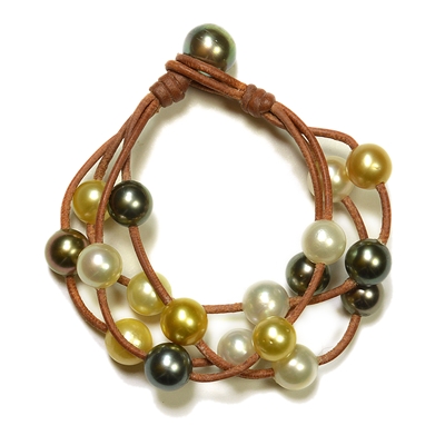 photo of Wendy Mignot Music Four Strand Tahitian Pearl and South Sea Pearl and Leather Mixed Bracelet