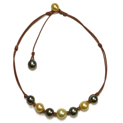 photo of Wendy Mignot Suns Black and Gold Tahitian Pearl and Leather Mixed Necklace