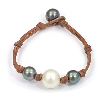 photo of Wendy Mignot Three South Sea White Pearl and Tahitian Pearl and Leather Bracelet