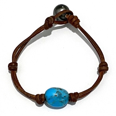 photo of Wendy Mignot Turquoise Single Gem Leather Bracelet with Tahitian Pearl Clasp