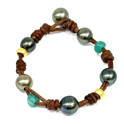 photo of Tahitian Pearl, 22k Gold Beads and Raw Emeralds Gypsy Bracelet