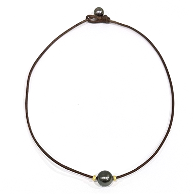 photo of Wendy Mignot Bora Bora Single Tahitian Pearl and Leather with 22k rondelles Necklace