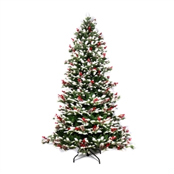 Snow Dusted Artificial Indoor Christmas Holiday Tree - 7 Foot - with Cranberry Clusters - ALEKO