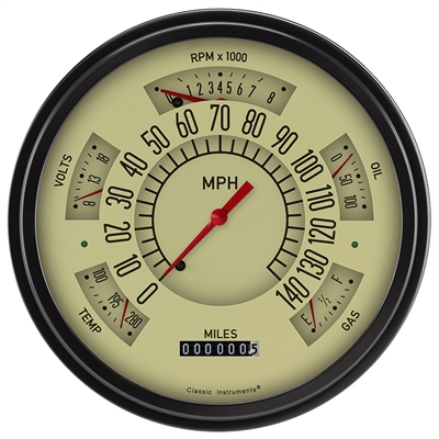 1949-50 Tan "ClassicLine" Six-Instrument (Speedometer, Tachometer, Fuel [0-30 ohm], Temperature, Voltage, and Oil) Package.