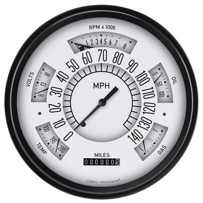 1949-50 White "ClassicLine" Six-Instrument (Speedometer, Tachometer, Fuel [0-30 ohm], Temperature, Voltage, and Oil) Package.