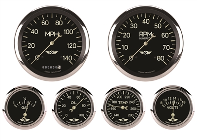 Classic Series Six Gauge Set 4 5/8" Speedo & Tach, 2 5/8" Fuel, Oil, Temp, & Volt