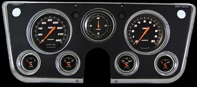 1967-72 Chevy Truck Package Velocity Series Black 4 5/8" Speedometer, 3 3/8" Clock, 2 1/8" Fuel (0-90 OHM), Oil, Temp, and Volt.