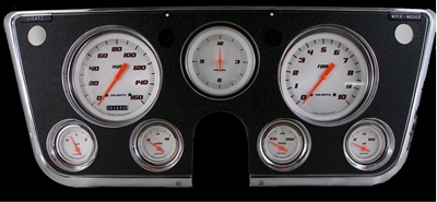 Classic Instruments 1967-72 Chevy Truck Package Velocity Series White 4 5/8" Speedometer, 3 3/8" Clock, 2 1/8" Fuel (0-90 OHM), Oil, Temp, and Volt.  Blue LED high beam indicator installed in speedometer