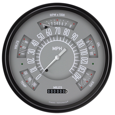 1966-77 Gray Bronco Six-Instrument (Speedometer, Tachometer, Fuel [75-10 ohm], Temperature, Voltage, and Oil) Package.