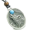 Amulet Howling Wolf Simulated Turquoise Moon Lucky Charm Pendant Necklace