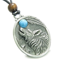 Amulet Howling Wolf Simulated Turquoise Moon Lucky Charm Pendant Necklace