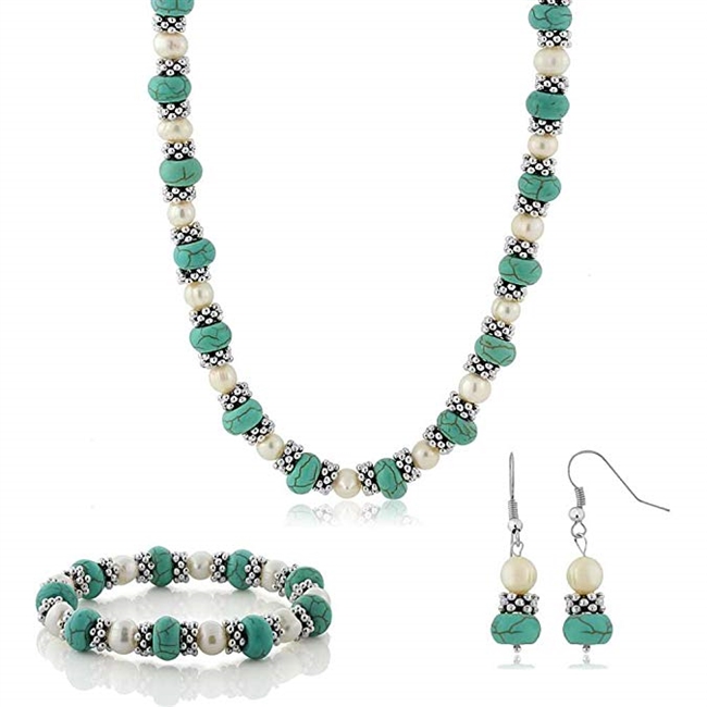 Gem Stone King 18inches Simulated Turquoise Howlite & Cultured Freshwater Pearl & Spacers Necklace + Earrings