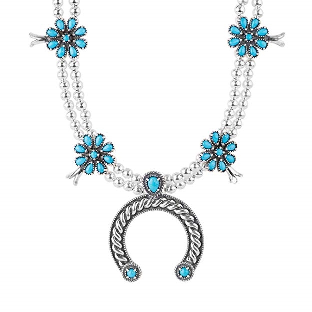 American West Sterling Silver Sleeping Beauty Turquoise Squash Blossom Necklace