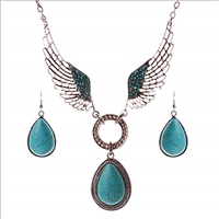Vintage Tibetan Silver Pretty Ruond Turquoise Wings Pendant Necklace Earrings Jewelry Set