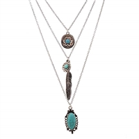 Lureme Vintage Multi Layered Chain Turquoise Stone Flower Metal Feather Pendant Necklace