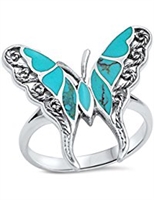 Filigree Style Turquoise Butterfly .925 Sterling Silver Ring Sizes 5-11