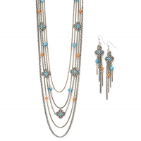 Womens Jewelry Long Silver Multi Chain Necklace Turquoise and Coral Bead Necklace (36" Long) and Earring (4" Long) Set