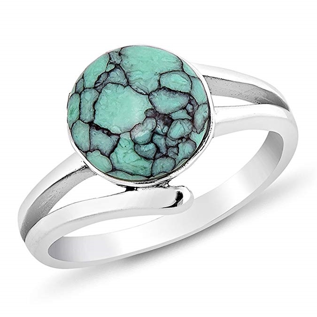 925 Sterling Silver Blue Turquoise Stone Round Band Ring Size 6, 7, 8 - Nickel Free