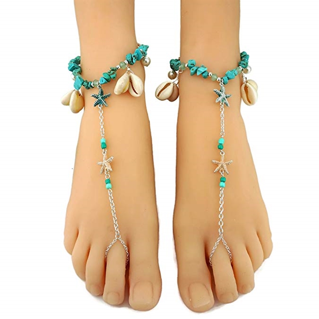 Sealife Theme Starfish Charm Cowry Shell Turquoise Pebbles Barefoot Sandals Anklets