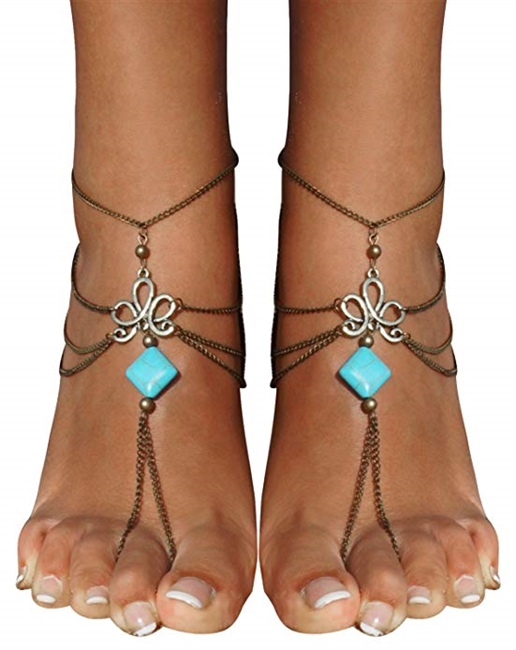 Bienvenu 2 Pcs Barefoot Sandals Beach Foot Jewelry Turquoise Jewelry Anklet Chain Arm Chain Tassel