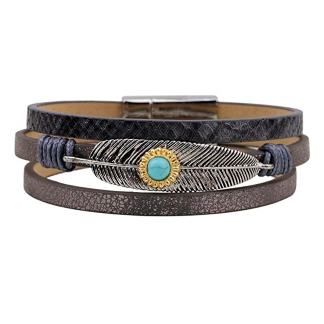 Winter's Secret Turquoise Alloy Feather Pattern Hand Braided Leather Wrap the Magnet Clasp Bracelet