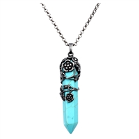 Top Plaza Antique Silver Flower Wrapped Synthetic Turquoise Healing Crystal Amulet Necklace