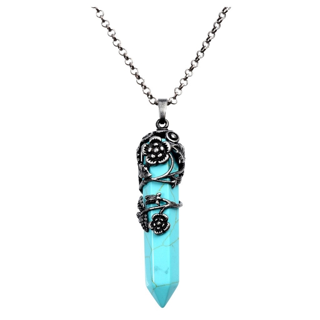 Top Plaza Antique Silver Flower Wrapped Synthetic Turquoise Healing Crystal Amulet Necklace