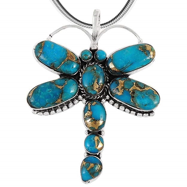 Dragonfly Turquoise Necklace Pendant Sterling Silver Genuine Turquoise & Gems (20")