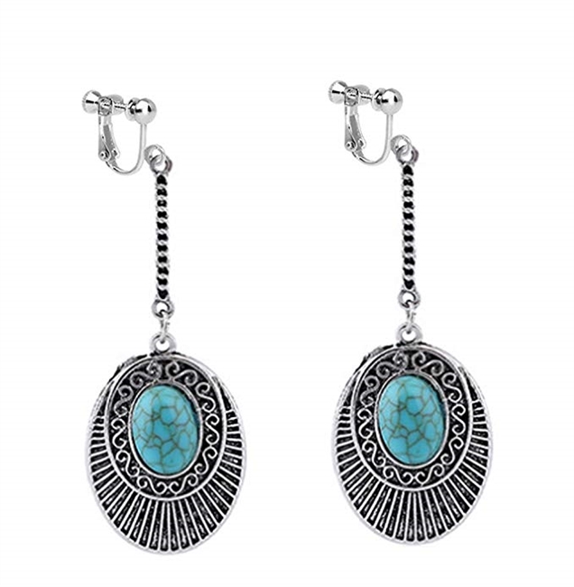 Usresu CLIP ON Earrings Vintage Oval Tassels Dangle Turquoise Silver Tone Plated Costume