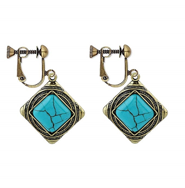 Usresu CLIP ON Earrings Vintage Geometric Dangle Turquoise Bronze Gold Plated