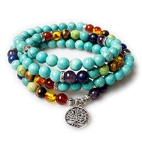 Jewelry,8MM Turquoise Healing 108 Buddhist Prayer Mala Beads Tree of Life 7 Chakra Bracelet Necklace