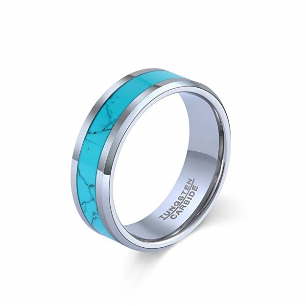 POYA 8mm Tungsten Wedding Band Turquoise Inlay Beveled Edges Comfort Fit