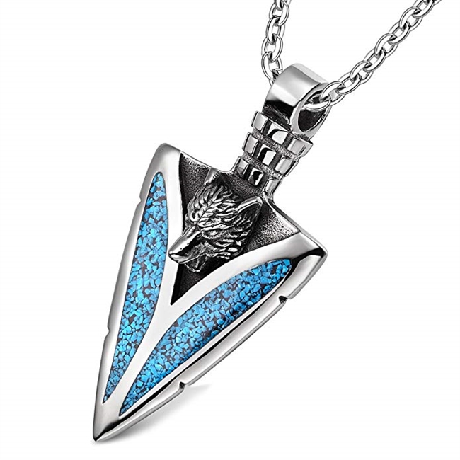 Arrowhead Howling Wolf Courage Powers Protection Amulet Charm Simulated Turquoise Adjustable Necklace