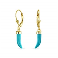 Italian Horn Lucky Tooth Amulet Enhanced Turquoise Leverback dangle Earrings For Women 14k Gold Plated Sterling Silver