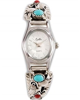 M & S Turquoise Women's Handmade and Coral Stone Embellished Watch Silver One Size