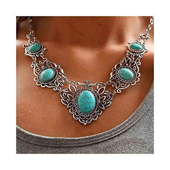 Chicer Bohemian Turquoise Necklace Earrings Set Pendant Carving Chain Jewelry for Women and Girls