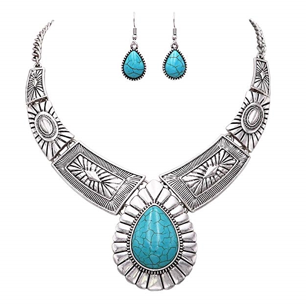 Rosemarie Collections Womenâ€™s Southwest Teardrop Stone Statement Necklace Earrings Set