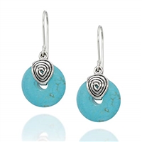 Vintage Style 925 Sterling Silver Dangle Earrings with Round Wheel Shaped Reconstituted Turquoise