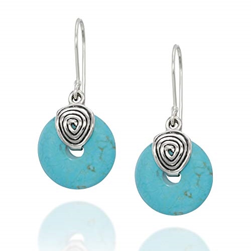 Vintage Style 925 Sterling Silver Dangle Earrings with Round Wheel Shaped Reconstituted Turquoise
