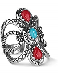 American West Turquoise And Coral Bold Ring- Size 5 to 10 - Classics Collection