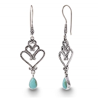 Willowbird Women's Simulated Turquoise Stacked Hearts Teardrop Dangle French Wire Earrings In Oxidized Sterling Silver