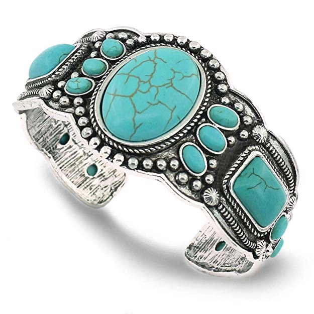 Jianxi Women's Antique Rgentium Plated Base Heart Compressed Turquoise Bracelet Cuff Bangle Fashion Jewelry