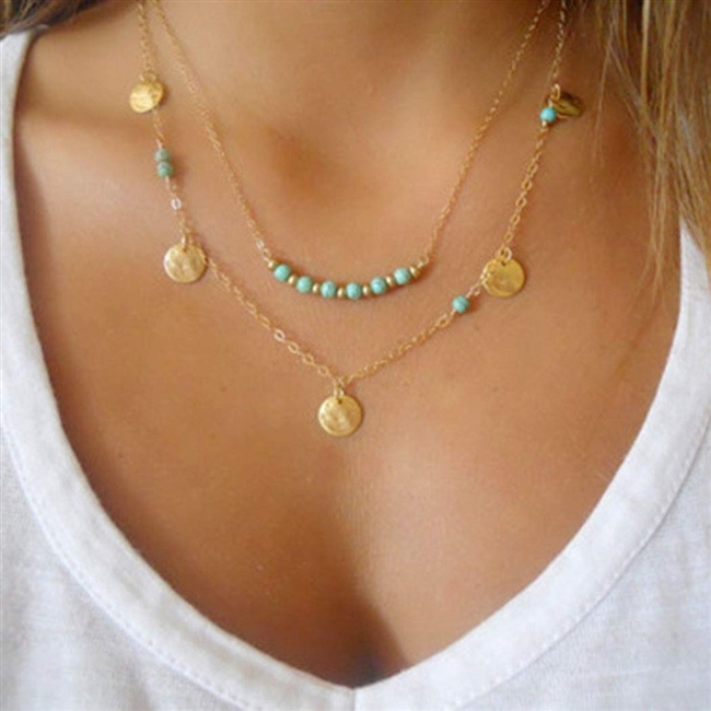 Artmiss Boho Women Multilayer Necklace Gold Turquoise Coin Sequins Pendant Necklace for Girls (Gold)