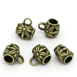 Antiqued Bronze Tone Flower Pattern Bead Barrel Set of 5