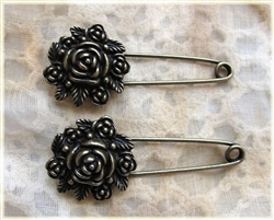 Antique Style Bronze Flower Safety Pins - Set of 2