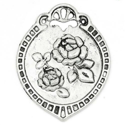 Antiqued Silver Oval Carved Flower Charms - Set of 2