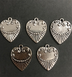 Antique Silver Heart Charm - Set of 5