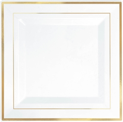 Premium 10" Plastic Square White Plates w/Gold Trim  | Party Supplies